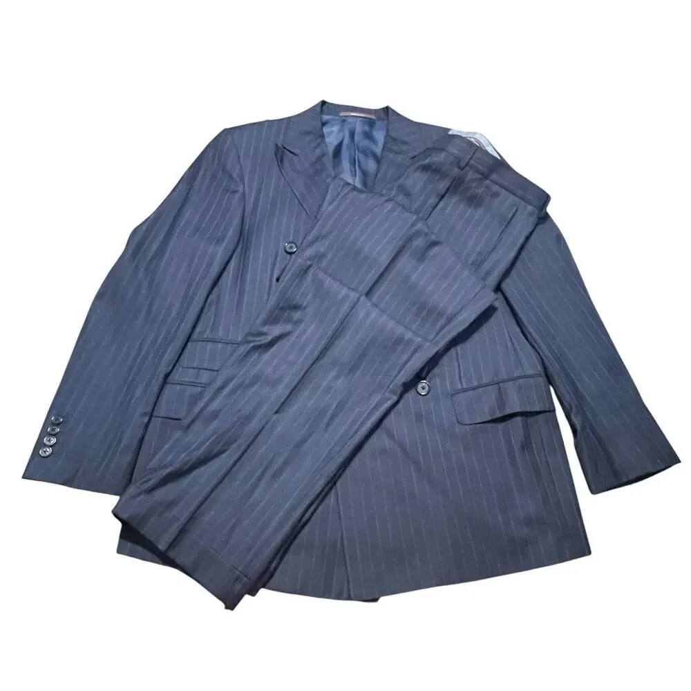 Hickey Freeman Suit Mens 44 R Navy 2pc Double Breasted Pinstripes Pants 36 USA